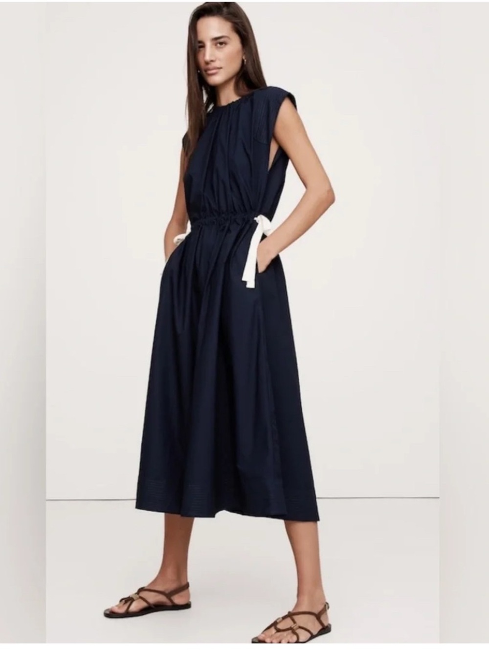 NWT Banana Republic Navy Blue Cotton Poplin Tie-Waist Midi Dress